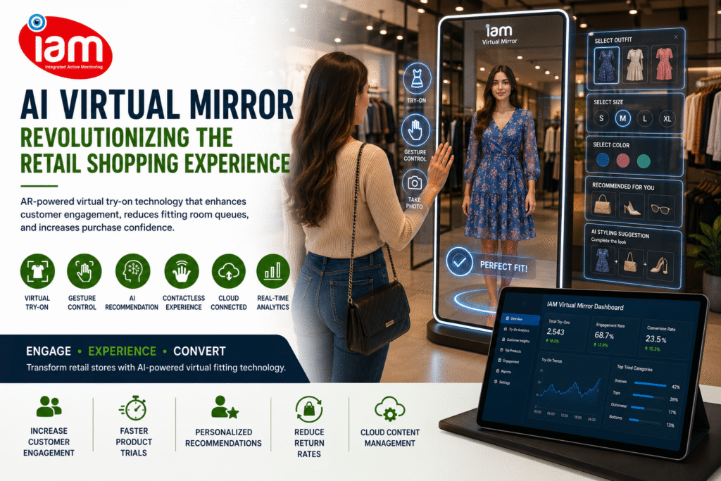 A young woman using virtual mirror by Integrated active monitroing SmartIam in a retailstore. 