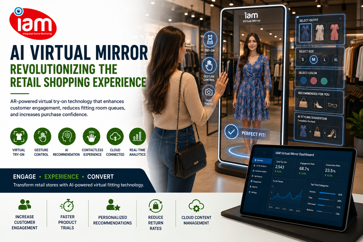 A young woman using virtual mirror by Integrated active monitroing SmartIam in a retailstore.